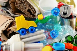 Recyclable garbage consisting of glass, plastic, metal and paper.